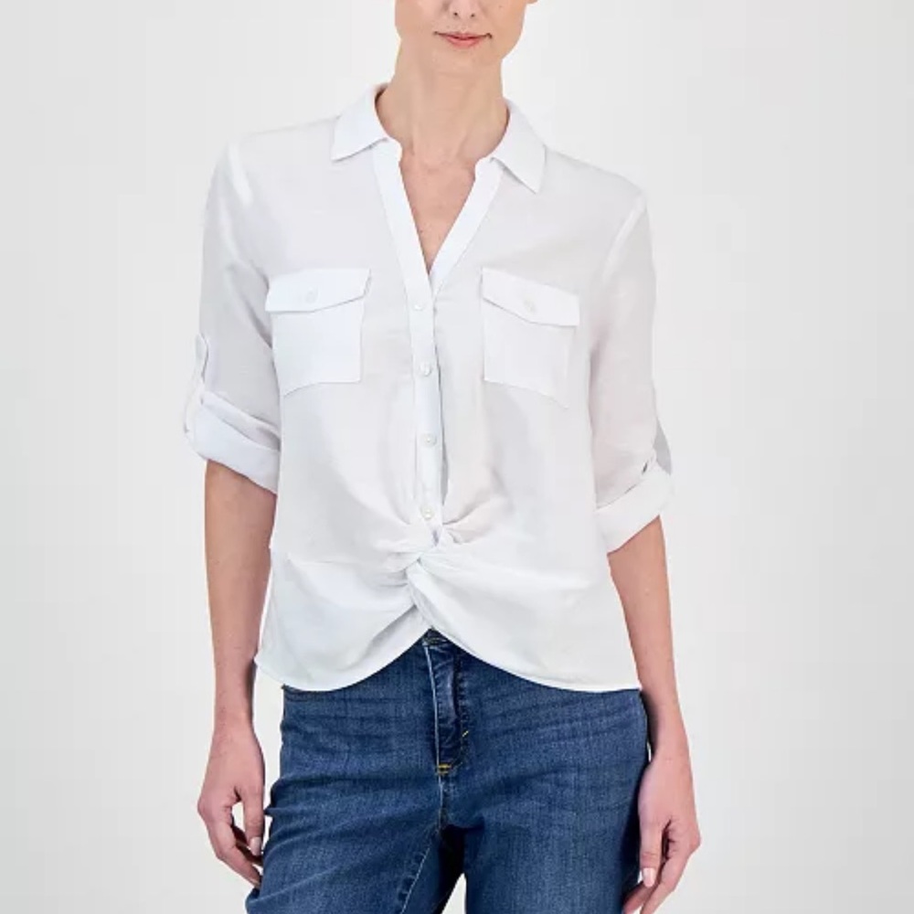 I.N.C. Linen Twist-Hem Blouse White Linen Blendโ 1X Preppy Cruise Resort Coastal